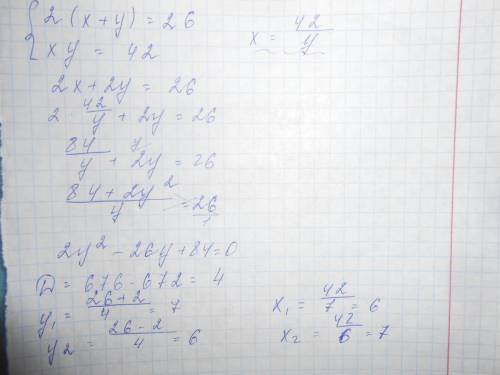 Решить систему уравнений: 2 (x+y)=26, xy=42.