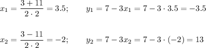 x_1= \dfrac{3+11}{2\cdot2} =3.5;~~~~~~y_1=7-3x_1=7-3\cdot 3.5=-3.5\\ \\ \\ x_2= \dfrac{3-11}{2\cdot 2} =-2;~~~~~~y_2=7-3x_2=7-3\cdot(-2)=13