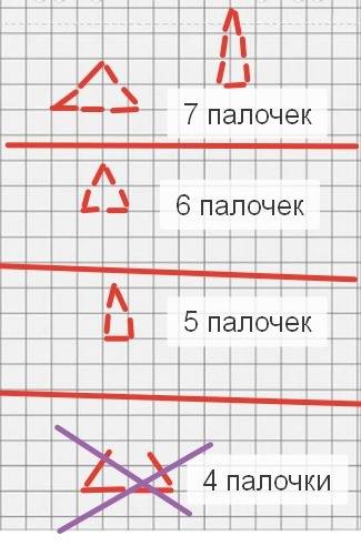 Из скольких одинаковых палочек нельзя сложить треугольник (палочки ломать нельзя): 1) 7 ; 2) 6; 3) 5