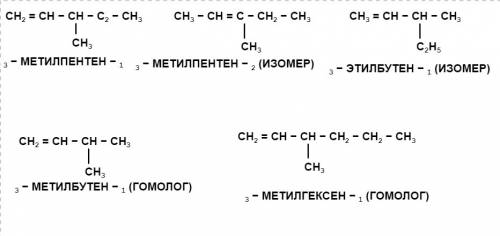 Написать 2 гомолога и 2 изомера для вещества 3-метилпентен-1