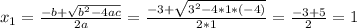 x_1 = \frac{-b+ \sqrt{b^2-4ac} }{2a} = \frac{-3+ \sqrt{3^2-4*1*(-4)} }{2*1}= \frac{-3+5}{2}= 1