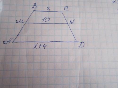 Средняя линия трапеции равна 10, а одно из ее оснований больше другого на 4. найдите большее основан