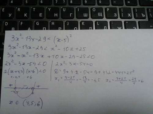 Решите неравенство к завтрашнему дню нужно( 3x^2-13x-29< (x-5)^2