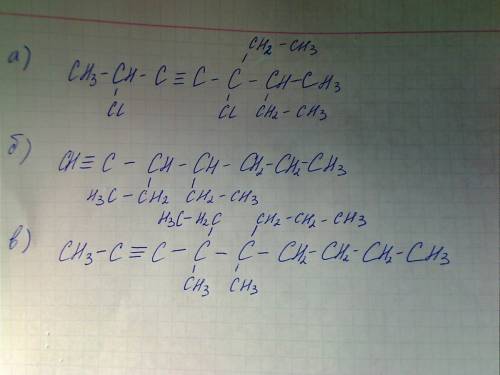 Составьте формулы алкинов и их галогенопроизводных а)2,5-дихлор-5,6-диэтилоктин-3 б)3,4-диэтилгептин