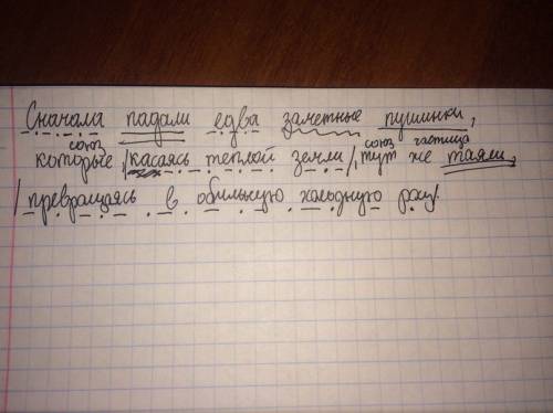 Синтаксический разбор(повествовательное.,и т.д)сначала падали едва заметные пушинки, которые, касаяс