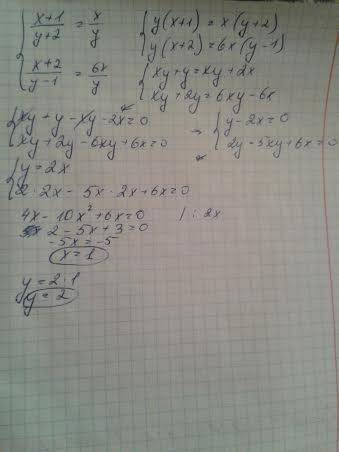 Как решить систему? {(х+1)/(у+2)=х/у, {(х+2)/(у-1)=6х/у