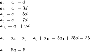 a_2=a_1+d\\a_4=a_1+3d\\a_6=a_1+5d\\a_8=a_1+7d\\a_{10}=a_1+9d\\\\a_2+a_4+a_6+a_8+a_{10}=5a_1+25d=25\\\\a_1+5d=5