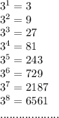 3^1=3\\3^2=9\\3^3=27\\3^4=81\\3^5=243\\3^6=729\\3^7=2187\\3^8=6561\\...................