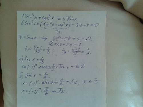 7sin^2x+cos^2x=5sinx решите очеень нужно