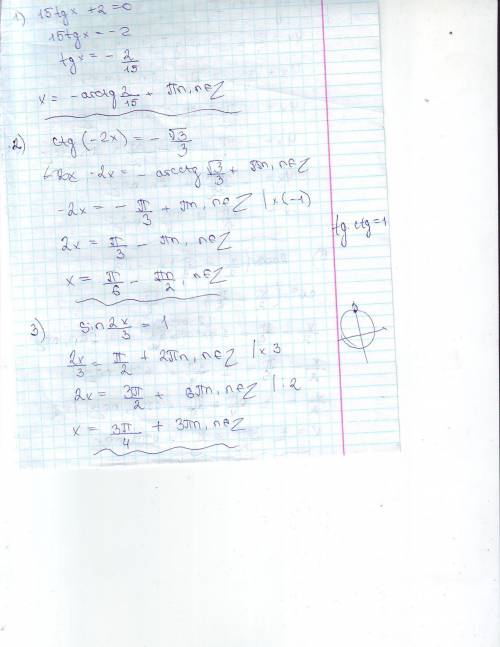 Решить. 70 желательно все расписать подробно 1) 15tgx+2=0 2) ctg(-2x) = - √3/3 3) sin 2x/3=1 4) tg(4