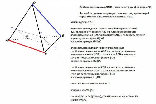 Надо 1) изобразите тетраэдр abcd и отметьте точку м на ребре ав. постройте сечение тетраэдра с плоск