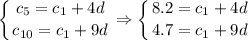 \displaystyle \left \{ {{c_5=c_1+4d} \atop {c_{10}=c_1+9d}} \right. \Rightarrow \left \{ {{8.2=c_1+4d} \atop {4.7=c_1+9d}} \right.