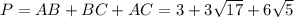 P = AB + BC + AC = 3 + 3\sqrt{17} + 6\sqrt{5}