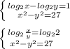 \left \{ {{log_{2} x-log_{2} y =1} \atop { x^{2} -y^{2}=27}} \right. \\ \\ \left \{ {{log_{2} \frac{x}{y} } =log_{2}2} \atop { x^{2} -y^{2}=27}} \\ \\