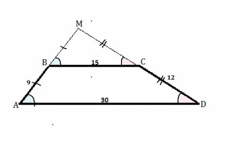Боковые стороны трапеции равны 9 см и 12 см, а основания - 30 и 15 см. найдите угол, который образуе