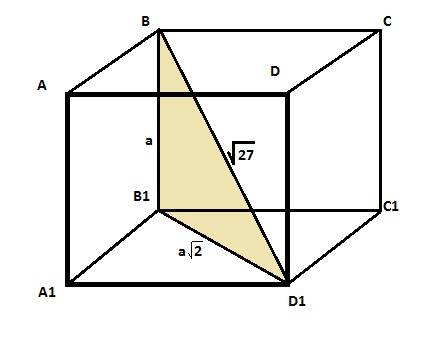 Диагональ куба равна корень из 27. найдите его объём.