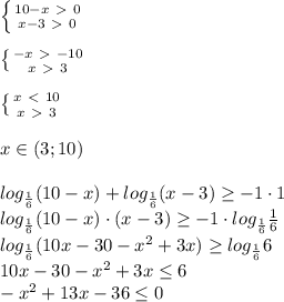 \left \{ {{10-x\ \textgreater \ 0} \atop {x-3\ \textgreater \ 0}} \right. \\\\&#10; \left \{ {{-x\ \textgreater \ -10} \atop {x\ \textgreater \ 3}} \right. \\\\&#10; \left \{ {{x\ \textless \ 10} \atop {x\ \textgreater \ 3}} \right. \\\\&#10;x\in(3;10)\\\\&#10;log_ {\frac{1}{6}} (10-x)+log_ {\frac{1}{6}} (x-3) \geq -1\cdot 1\\&#10;log_ {\frac{1}{6}} (10-x) \cdot (x-3) \geq -1\cdot log_ {\frac{1}{6}}{\frac{1}{6}}\\&#10;log_ {\frac{1}{6}} (10x-30-x^2+3x) \geq log_ {\frac{1}{6}}{6}\\&#10;10x-30-x^2+3x \leq 6\\ -x^2+13x-36 \leq 0