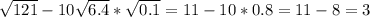 \sqrt{121}-10 \sqrt{6.4}* \sqrt{0.1}=11-10*0.8=11-8=3