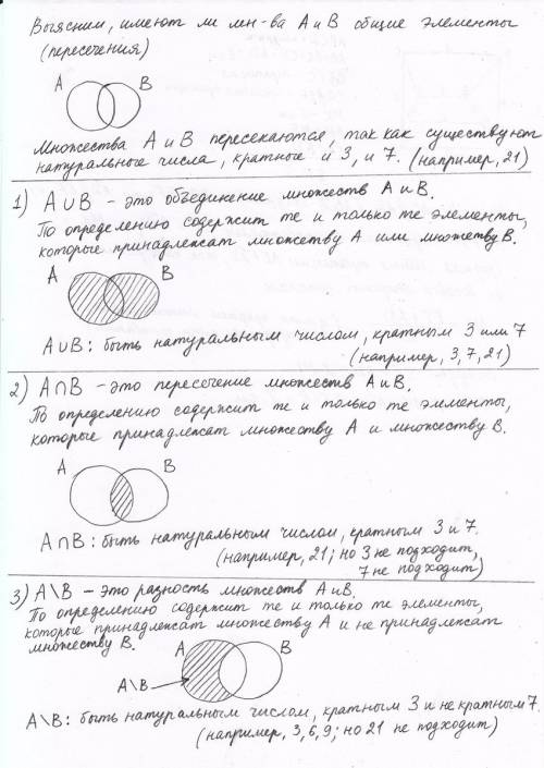 Даны множества: а: быть натуральным числом кратным 3 в: быть натуральным числом кратным 7 найти: a\