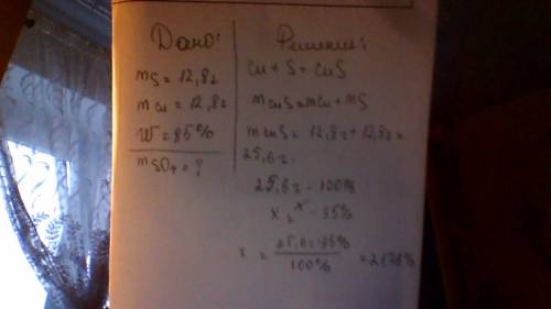 Определите массу сульфида меди которая может быть получена при сплавлении 12,8г меди с такой же масс