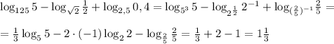 \log_{125}5-\log_{\sqrt2}{\frac{1}{2}+\log_{2,5}{0,4}=\log_{5^3}5-\log_{2^{\frac{1}{2}}}{2^{-1}}+\log_{(\frac{2}{5})^{-1}}}{\frac{2}{5}}=\\\\=\frac{1}{3}\log_55-2\cdot (-1)\log_22-\log_{\frac{2}{5}}{\frac{2}{5}}=\frac{1}{3}+2-1=1\frac{1}{3}