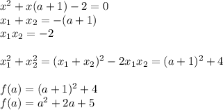 x^2+x(a+1)-2=0\\&#10;x_{1}+x_{2}=-(a+1)\\&#10;x_{1}x_{2}=-2\\&#10;\\&#10;x_{1}^2+x_{2}^2=(x_{1}+x_{2})^2-2x_{1}x_{2}=(a+1)^2+4\\&#10;\\&#10;f(a)=(a+1)^2+4\\&#10;f(a)=a^2+2a+5\\&#10;