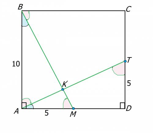 Вквадрате abcd со стороной 10 точки m и t середины сторон ad и dc соответственно. отрезки at и bm пе