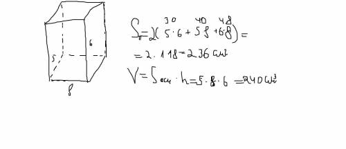 Решите, . нужно. в прямоугольном параллелепипеде высота равна 6 см, а стороны основания 5 см и 8 см.