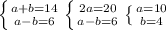 \left \{ {{a+b=14} \atop {a-b=6}} \right. \left \{ {{2a=20} \atop {a-b=6}} \right. \left \{ {{a=10} \atop {b=4}} \right.