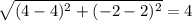 \sqrt{(4-4)^2+(-2-2)^2}=4