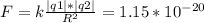 F=k \frac{|q1|*|q2|}{R^{2} }=1.15* 10^{-20}