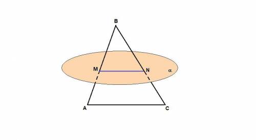 Точки m и n соответственно середины сторон ab и bc треугольника abc. прямая mn лежит в плоскости a.