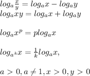 log_a \frac{x}{y} =log_ax-log_ay \\ log_a xy=log_ax+log_ay \\ \\ log_ax^p=plog_ax \\ \\ log_{a^k}x= \frac{1}{k}log_ax, \\ \\ &#10;a\ \textgreater \ 0,a \neq 1,x\ \textgreater \ 0,y\ \textgreater \ 0