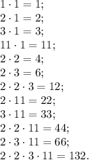 1\cdot1=1;\\&#10;2\cdot1=2;\\&#10;3\cdot1=3;\\&#10;11\cdot1=11;\\&#10;2\cdot2 = 4;\\&#10;2 \cdot3 = 6;\\ 2\cdot2\cdot3=12;\\&#10;2\cdot11 = 22;\\&#10;3\cdot11=33;\\ 2\cdot2\cdot11=44;\\ &#10;2\cdot3\cdot11=66;\\&#10;2\cdot2\cdot3\cdot11=132.&#10;&#10;