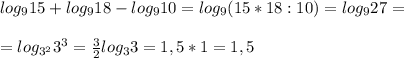 log_{9}15+log_{9}18-log_{9}10=log_{9}(15*18:10)=log_{9}27= \\ \\ =log_{3^2}3^3= \frac{3}{2}log_{3}3=1,5*1=1,5