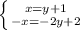 \left \{ {{x=y+1} \atop {-x=-2y+2}} \right.