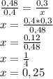 \frac{0,48}{0,4} = \frac{0,3}{x} \\ &#10;x= \frac{0,4 * 0,3}{0,48} \\ &#10;x= \frac{0,12}{0,48} \\ &#10;x= \frac{1}{4} \\ &#10;x=0,25