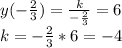 y(- \frac{2}{3})= \frac{k}{- \frac{2}{3}}=6 \\ k=-\frac{2}{3}*6=-4