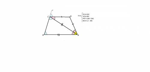 Решить . в равнобедренной трапеции abcd : ab параллельно cd, ab=ac и ad=dc. найдите угол при меньшем