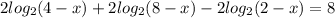 2log_2(4-x)+2log_2(8-x)-2log_2(2-x)=8