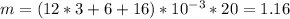 m=(12*3+6+16)*10^{-3} *20=1.16