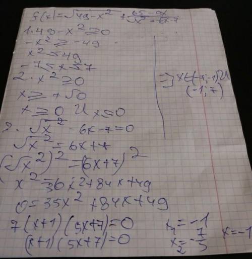 Найдите область определения функции [tex]f(x) = \sqrt{49 - x^2} + \frac{65 - 9x}{\sqrt{x^2} - 6x - 7