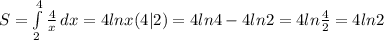 S= \int\limits^4_2 { \frac{4}{x} } \, dx =4lnx(4|2)=4ln4-4ln2=4ln \frac{4}{2} =4ln2