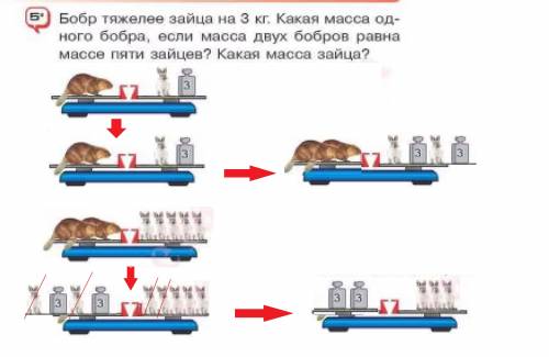 :бобр тяжелее зайца на 3 кг. какая масса одного бобра, если масса 2-ух бобров равна массе 5 зайцев?