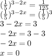 ( \frac{1}{5} )^{3-2x}= \frac{1}{125} \\ &#10;( \frac{1}{5} )^{3-2x}= (\frac{1}{5})^{3} \\ &#10;3-2x=3 \\ &#10;-2x=3-3 \\ &#10;-2x=0 \\ &#10;x=0