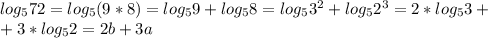 log_{5}72=log_{5}(9*8)=log_{5}9+log_{5}8=log_{5}3^2+log_{5}2^3=2*log_{5}3+ \\ +3*log_{5}2=2b+3a