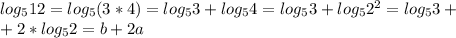 log_{5}12=log_{5}(3*4)=log_{5}3+log_{5}4=log_{5}3+log_{5}2^2=log_{5}3+ \\ +2*log_{5}2=b+2a
