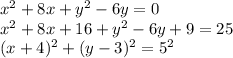 x^2+8x+y^2-6y=0&#10;\\\&#10;x^2+8x+16+y^2-6y+9=25&#10;\\\&#10;(x+4)^2+(y-3)^2=5^2