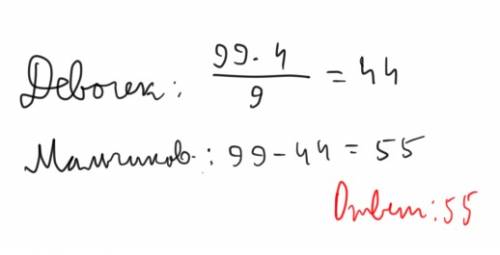 Вначальной школе учатся 99 школьников девочки составляют 4/9 всех учащихся.сколько в начальной школе
