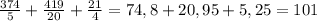 \frac{374}{5}+ \frac{419}{20} + \frac{21}{4}=74,8+20,95+5,25=101